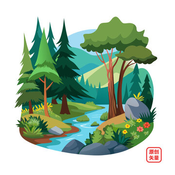 矢量插畫自然美景河流森林