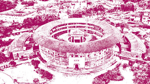 土樓古鎮(zhèn)老建筑民居底紋素描版畫矢量圖