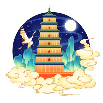 手繪國潮大雁塔建筑插畫