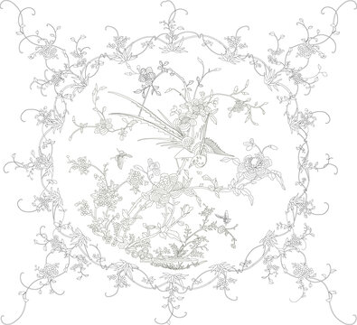 花鳥(niǎo)刺秀稿白描裝飾畫(huà)