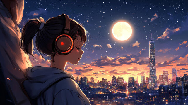 動漫女孩夜晚聆聽音樂城市美景圖