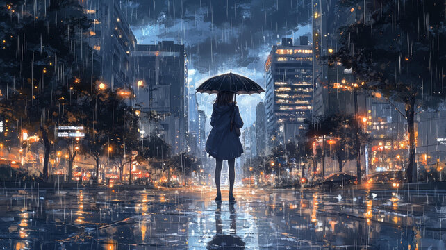 雨夜下的城市與女子