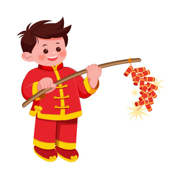 新年春節(jié)過年放鞭炮的男孩人物