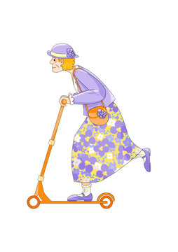 老太太滑滑板車扁平風插畫人物設計