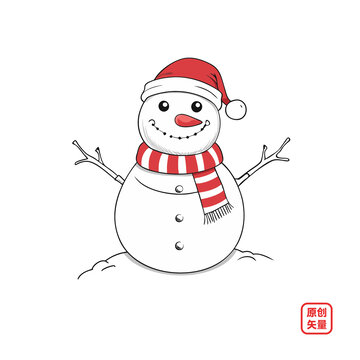 矢量插畫冬天戴圣誕帽雪人
