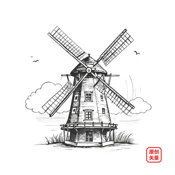 矢量插畫(huà)人物手繪素描風(fēng)車(chē)磨坊
