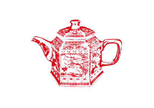 茶壺茶具底紋素描版畫線稿矢量圖案