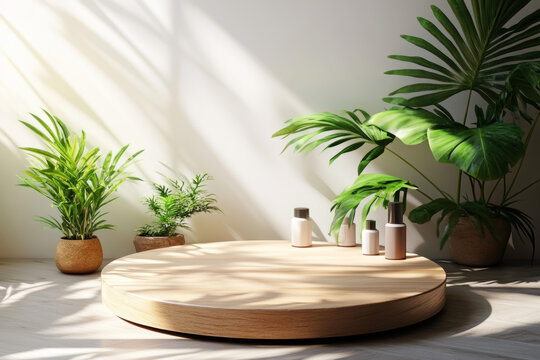 自然光影下的美容產(chǎn)品展示臺