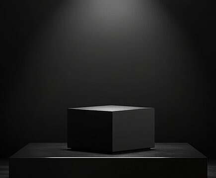 黑暗棚中的黑色立方體展示臺
