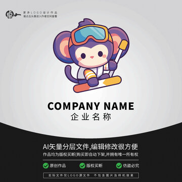 冬季運動卡通LOGO猴子滑雪