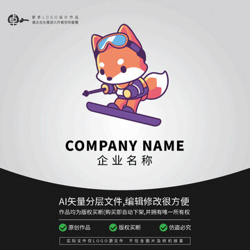 狐貍滑雪冬季運動LOGO卡通