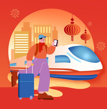 扁平蛇年新年春節(jié)春運(yùn)回家火車原創(chuàng)插畫
