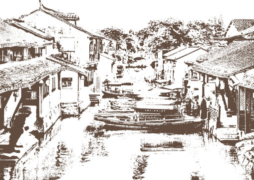 周莊古鎮(zhèn)江南水鄉(xiāng)民居底紋素描版畫(huà)矢量圖案