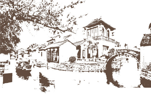 周莊古鎮(zhèn)民居江南水鄉(xiāng)底紋素描版畫矢量圖