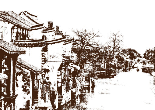 江南水鄉(xiāng)烏鎮(zhèn)古鎮(zhèn)民居底紋素描版畫(huà)矢量圖案