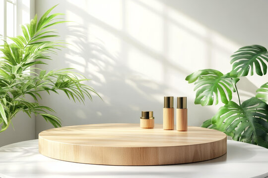 木質(zhì)展示臺與綠植和化妝品