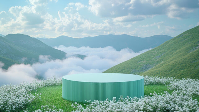 山間草甸上的嫩綠色圓柱展示臺