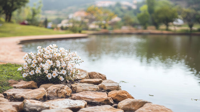 陽光明媚的庭院池塘邊花叢