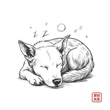 矢量插畫手繪素描動物萌寵趴著睡覺的狗