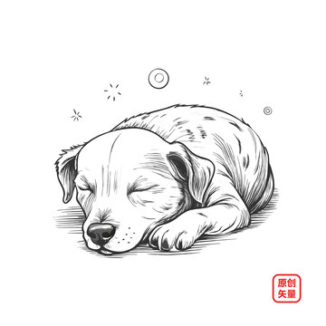矢量插畫(huà)手繪素描動(dòng)物萌寵趴著睡覺(jué)的狗