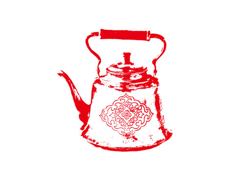 茶壺煮茶茶具底紋素描版畫線稿矢量素材