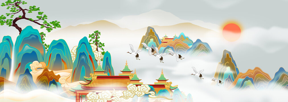 寬幅山水樓閣插畫