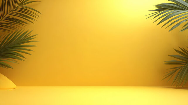 極簡(jiǎn)黃色背景與熱帶綠葉組合