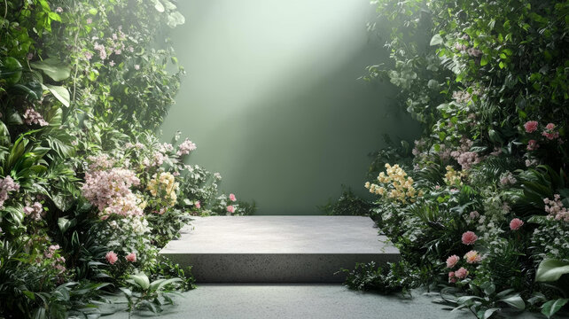 綠意盎然的鮮花展臺場景
