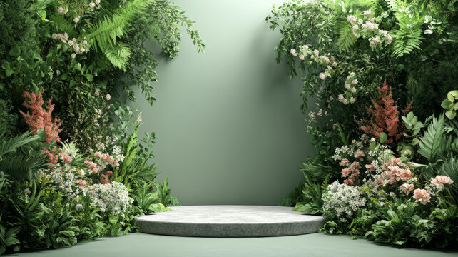 茂盛綠植花卉展示臺背景圖
