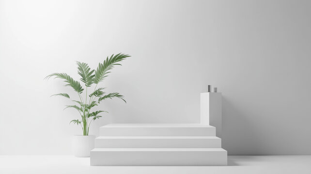 極簡白色展示臺(tái)與植物