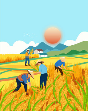 農(nóng)民收割麥子插畫