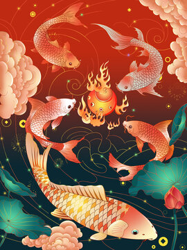 新春年年有魚蓮年祝福插畫