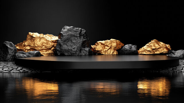 奢華黃金和深灰色巖石展示背景圖