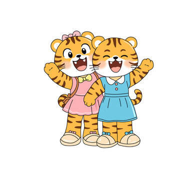 卡通老虎姐妹插畫