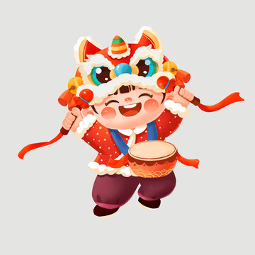 新年新春喜慶虎頭帽打鼓女孩插畫