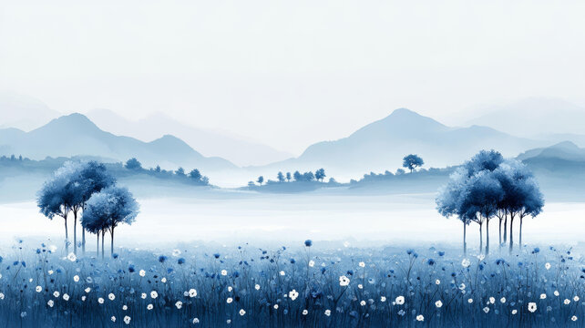 寧靜的藍(lán)色山巒風(fēng)景畫