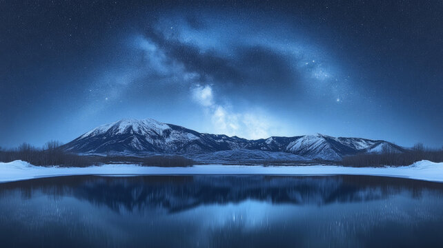 雪山湖畔星空夜色