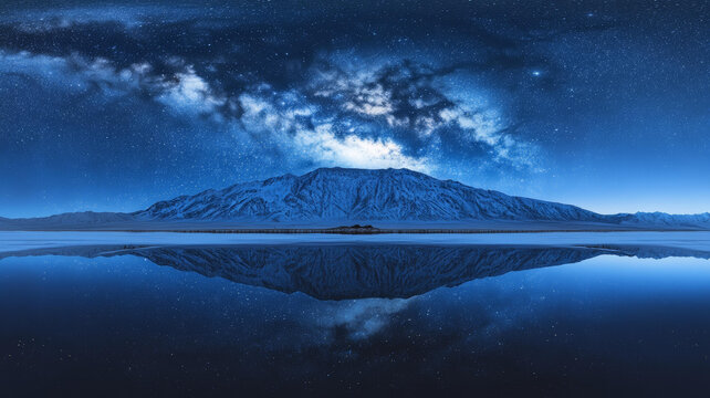 星空倒映在冰凍湖面上的群山