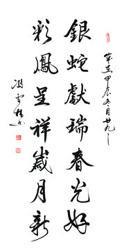 銀蛇獻(xiàn)瑞春光好彩鳳呈祥歲月新蛇年春聯(lián)書(shū)法