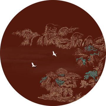 手繪圓形線描中式山水描金山水畫(huà)