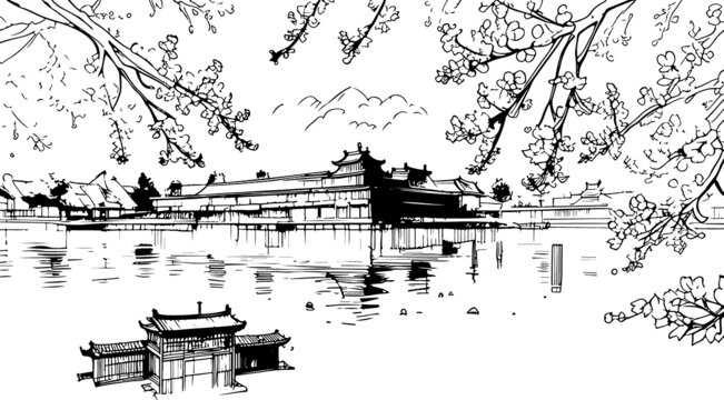 湖光山色線條