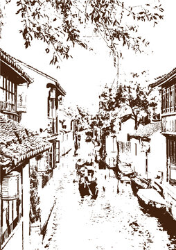 江南水鄉(xiāng)古鎮(zhèn)民居底紋素描版畫矢量素材