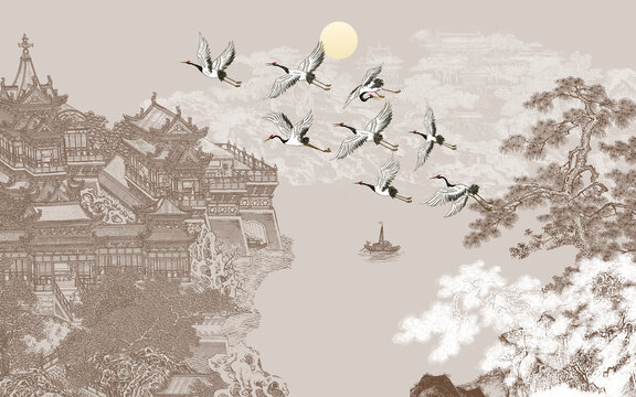 中式樓閣山水背景
