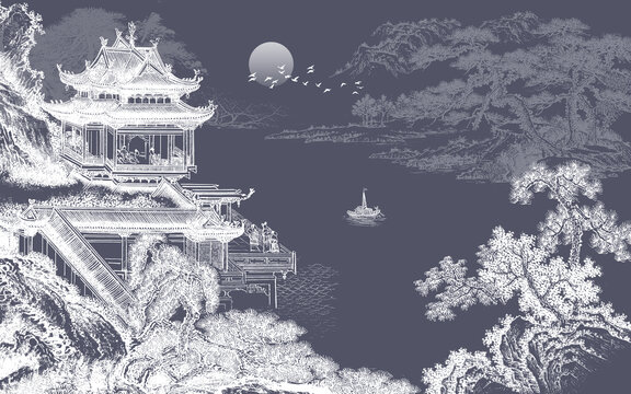 中式刺繡樓閣山水背景