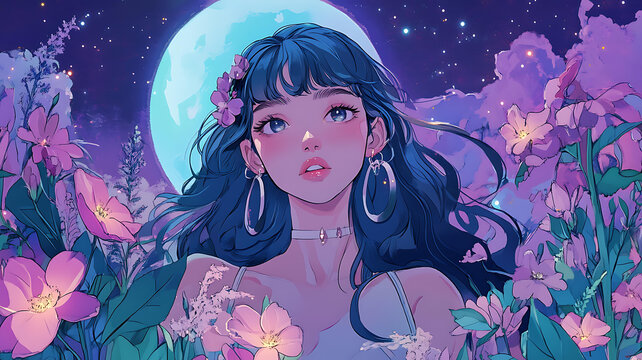 月光花海下的少女