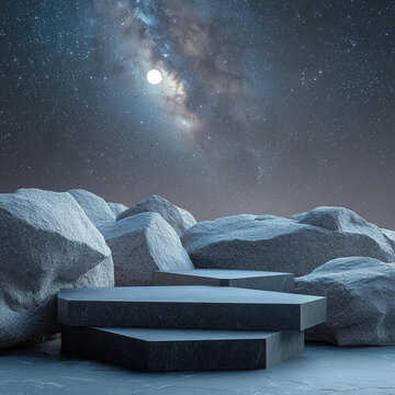 星空下的石塊展示臺