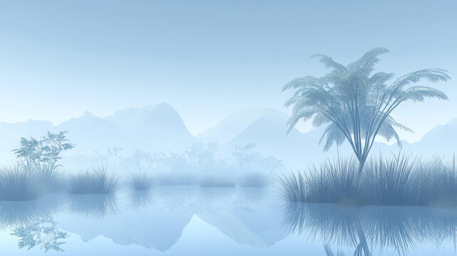 朦朧山湖風景