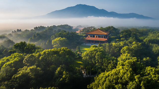 霧靄山間古寺勝景