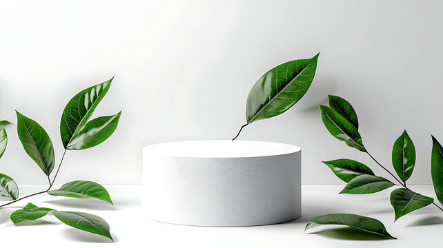 白色圓柱形展示臺(tái)與綠色葉子