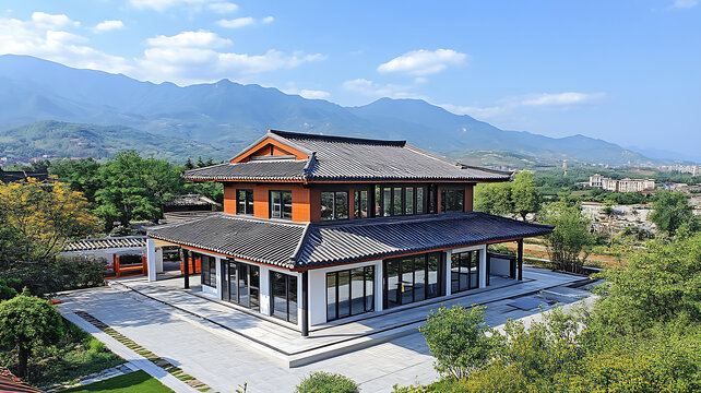 現(xiàn)代中式建筑與山景融合